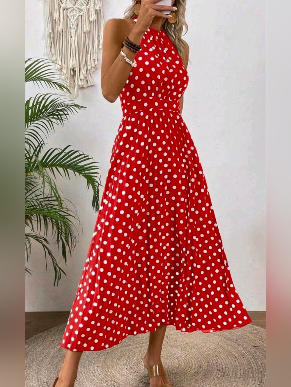 New Chic Strappy Halter Polka Dot Print Dress Pleated Sleeveless Red White